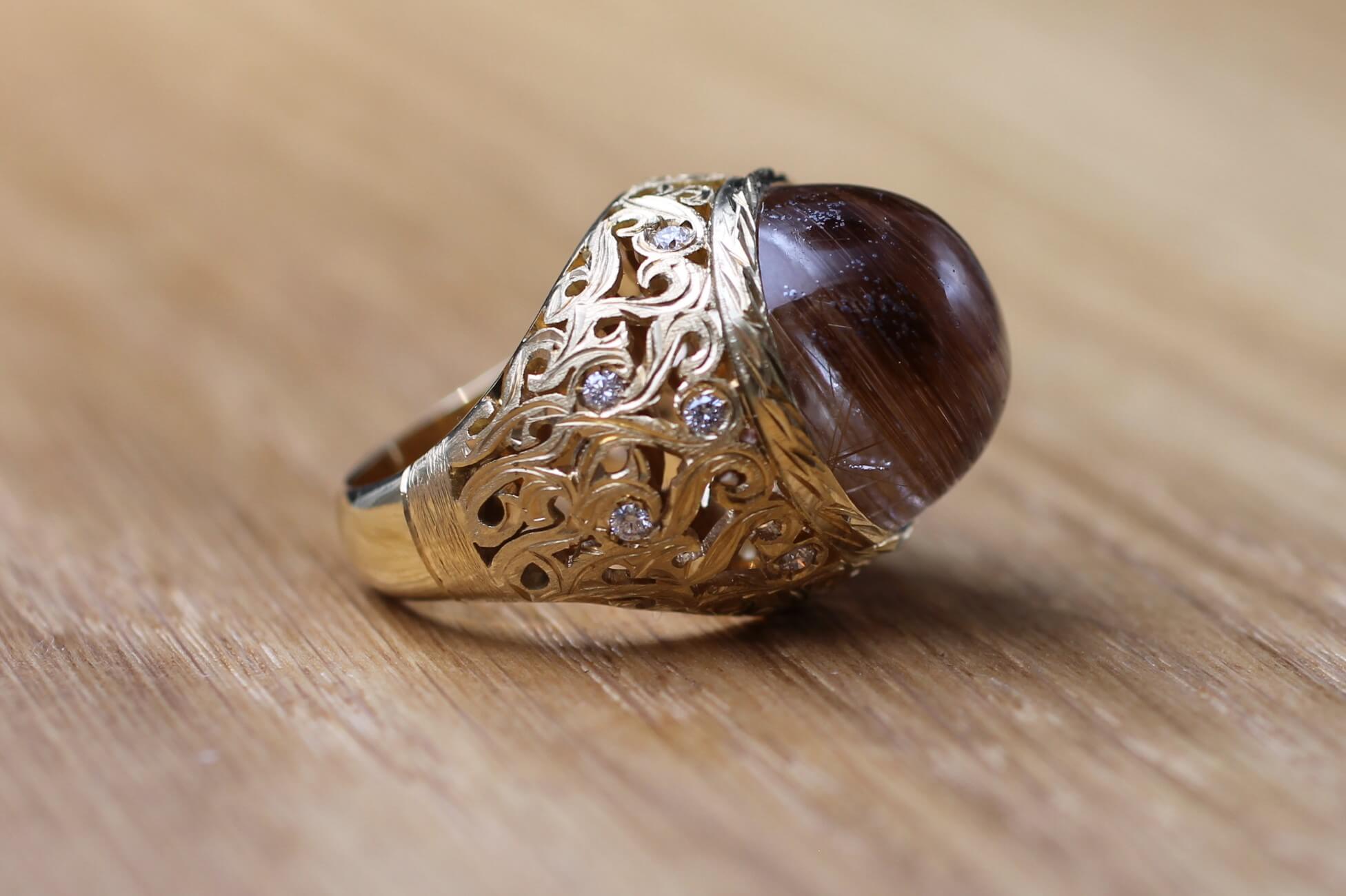 18kt Gold Rutilated Quartz Diamonds Ring