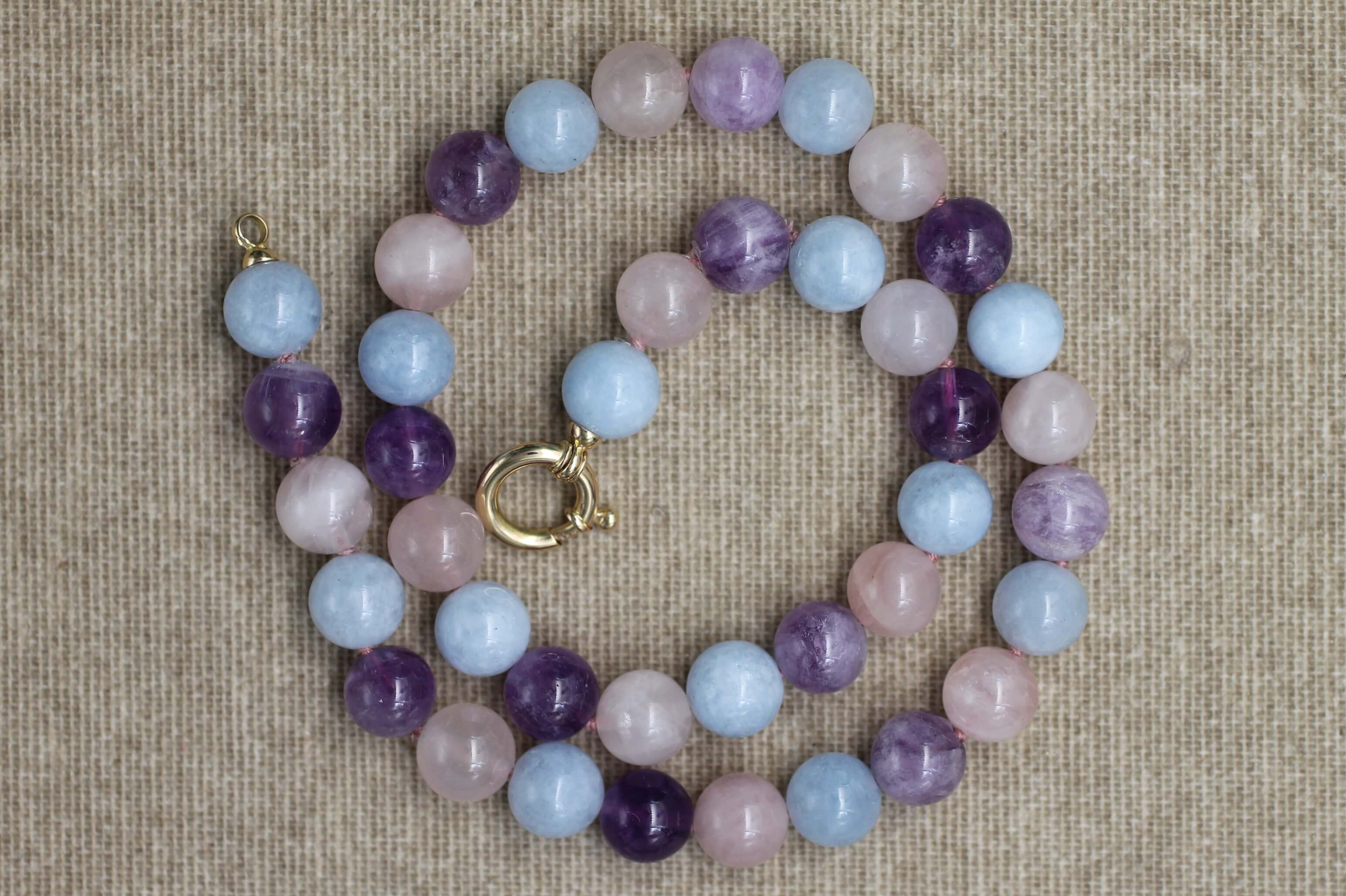 Aquamarine, Morganite, Amethyst and yellow Gold necklace