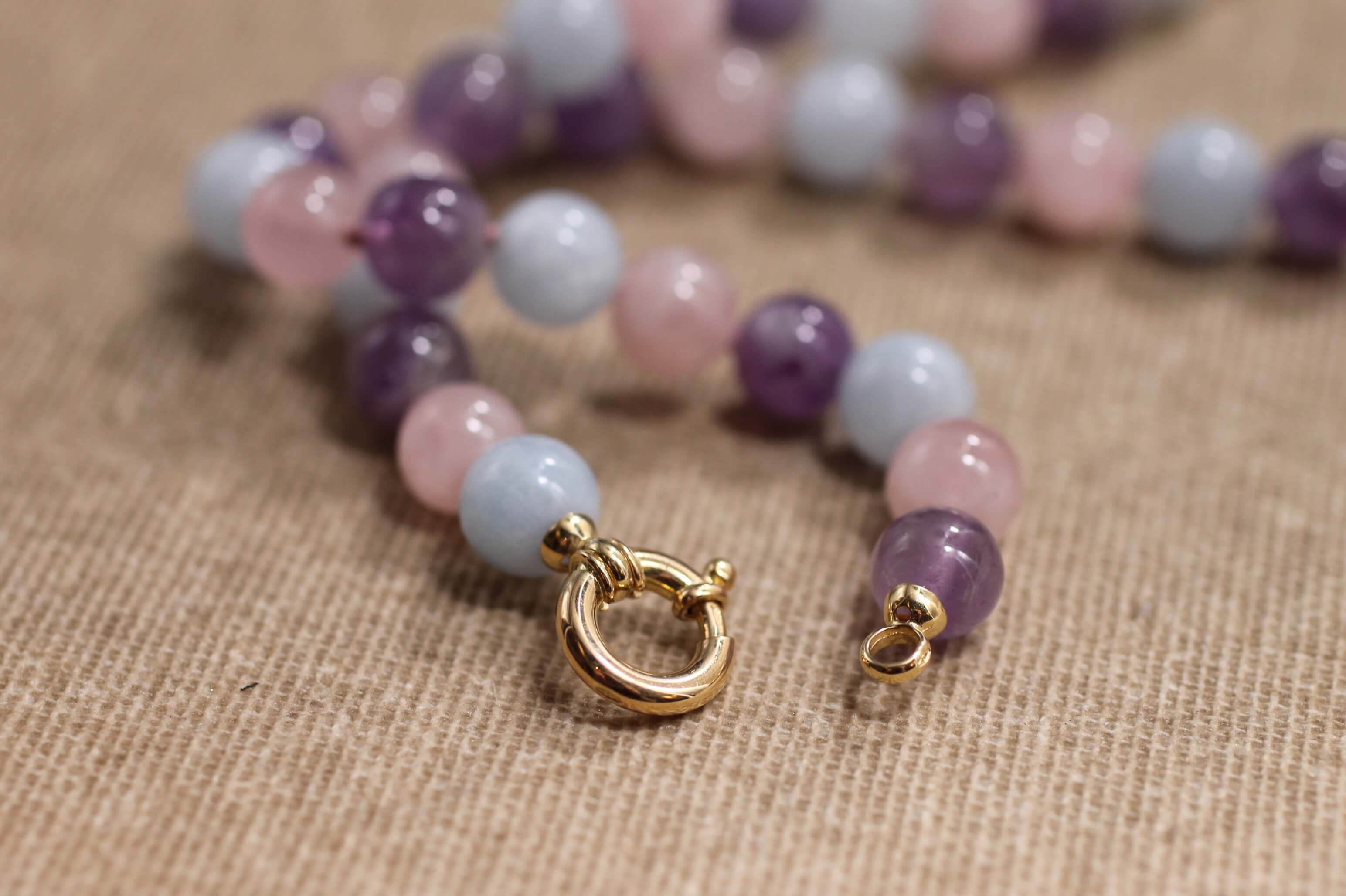 Aquamarine, Morganite, Amethyst and yellow Gold necklace.
