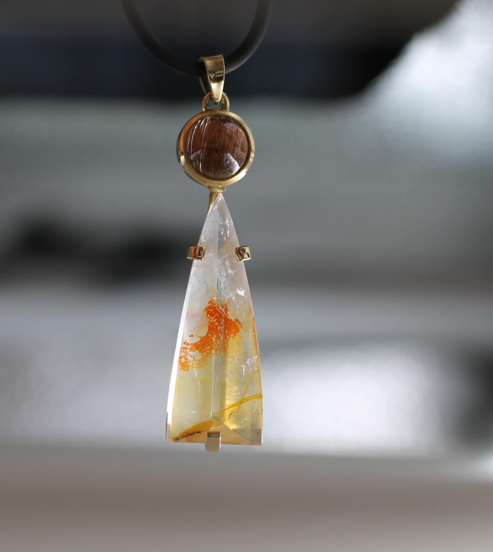 Gold, rutilated and Brazilian Quartz Pendant