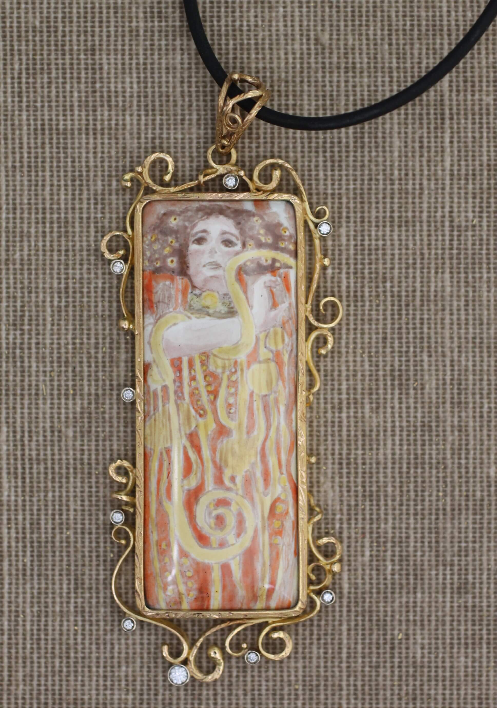 Gold, Diamonds, Copper Plate and enamel Medicine Pendant